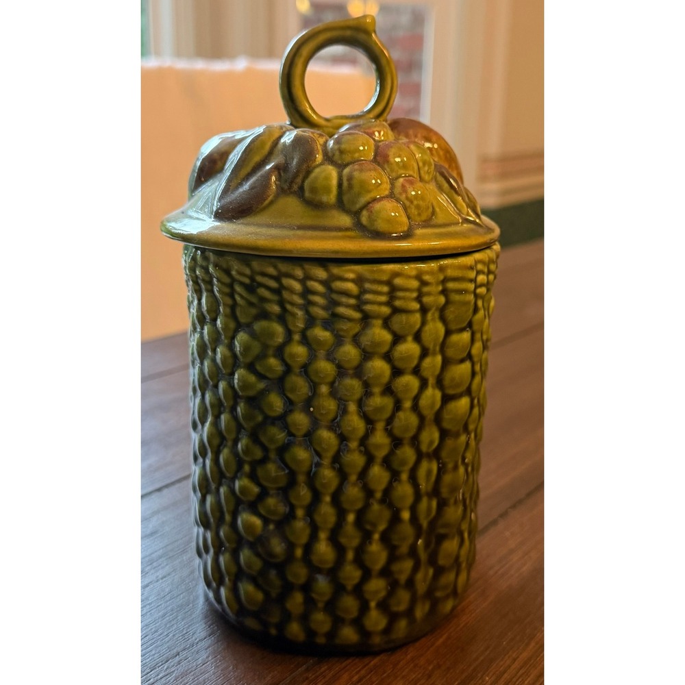 Vintage Olive Green Ceramic Canister Sunflower Fruit Lid Basketweave Jar 9.5"